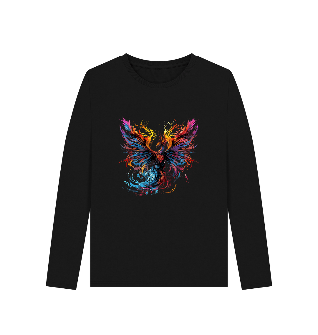 Black long-sleeved t-shirt with colorful phoenix design