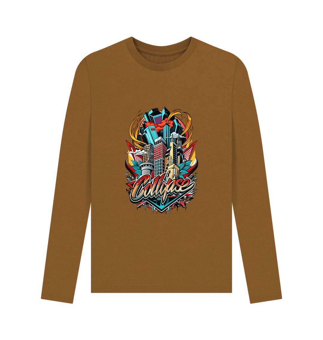 Brown long-sleeved t-shirt with cityscape graphic