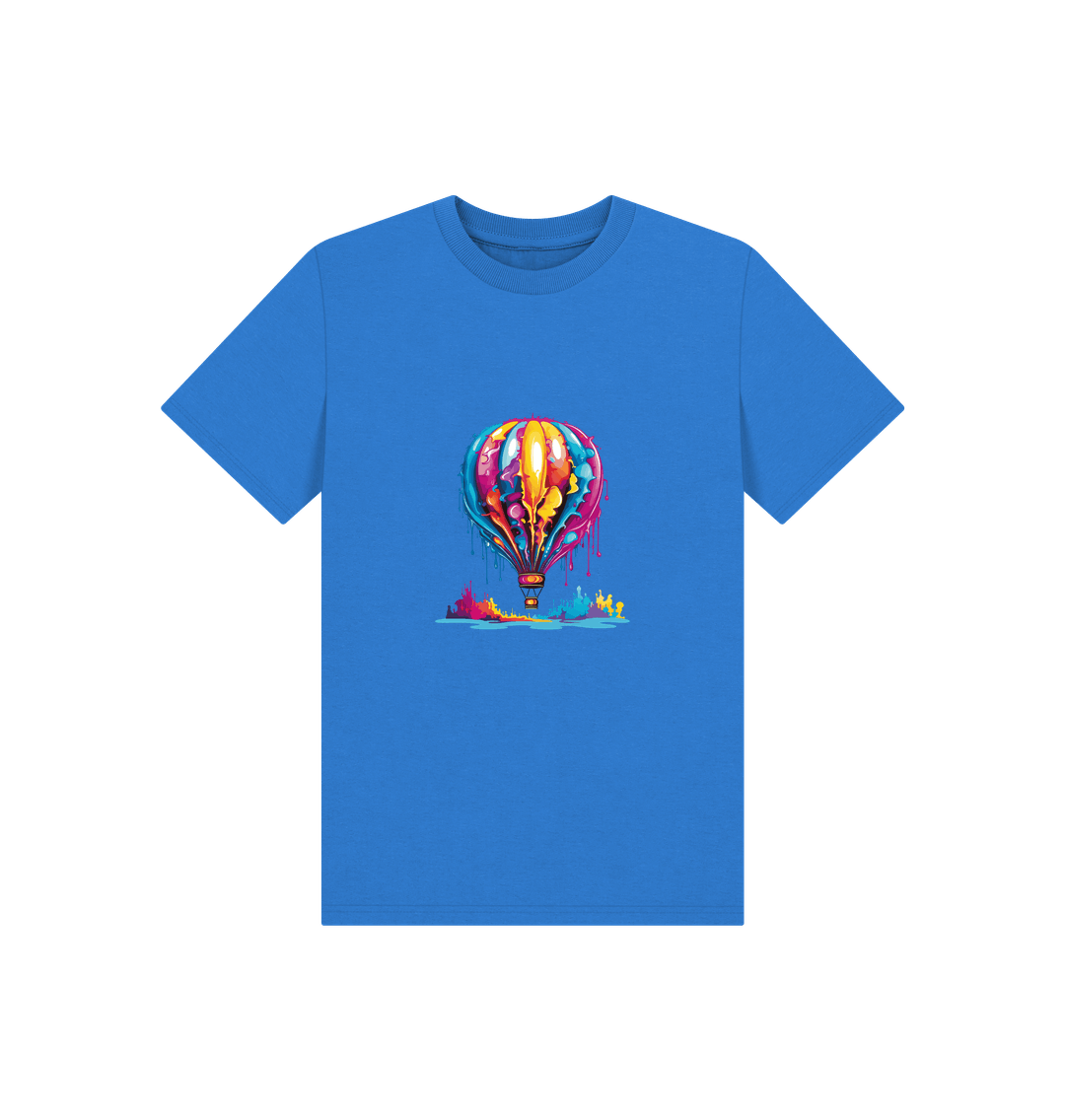 Blue t-shirt with colorful hot air balloon graphic