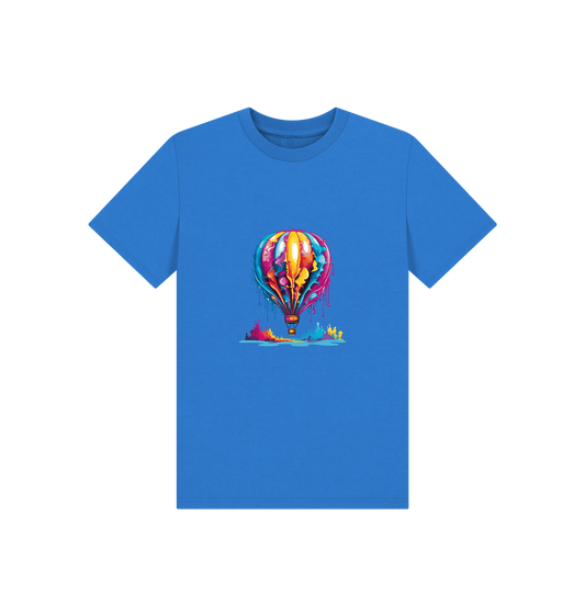 Blue t-shirt with colorful hot air balloon graphic
