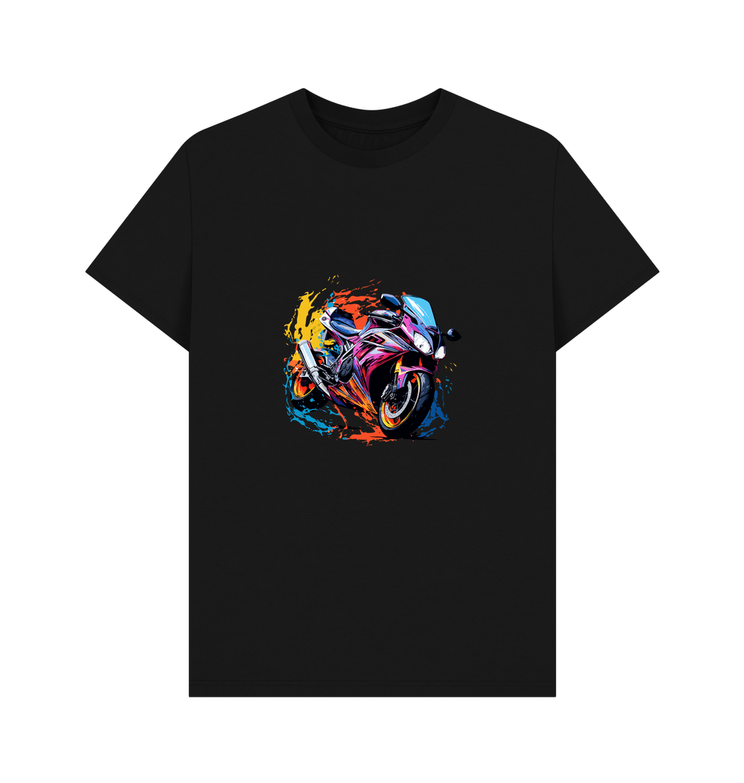Black t-shirt with colorful motorcycle graphic