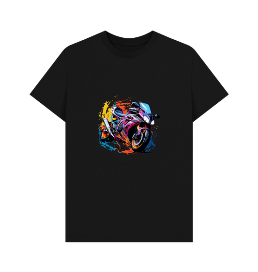 Black t-shirt with colorful motorcycle graphic