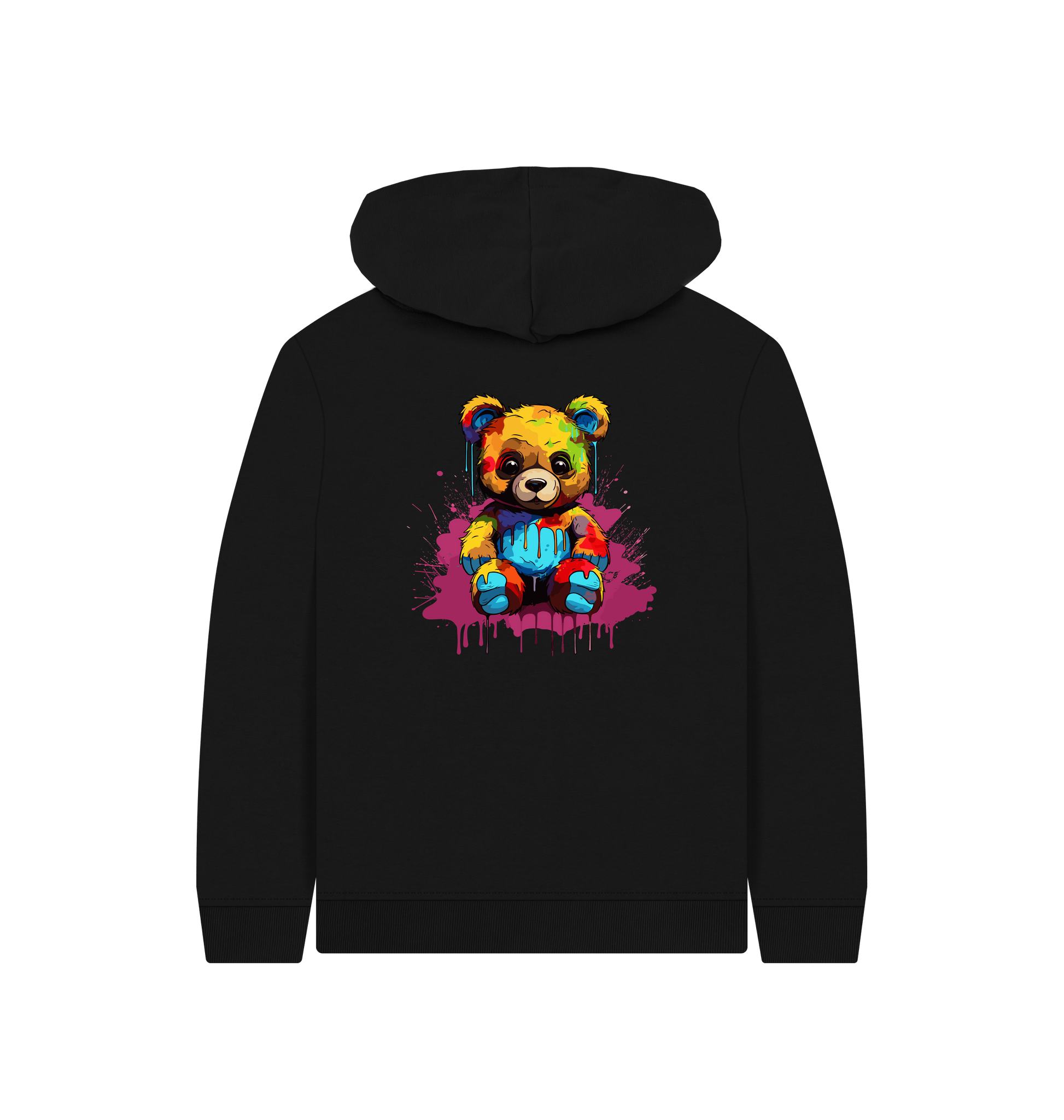 Colorful teddy bear hoodie with black background
