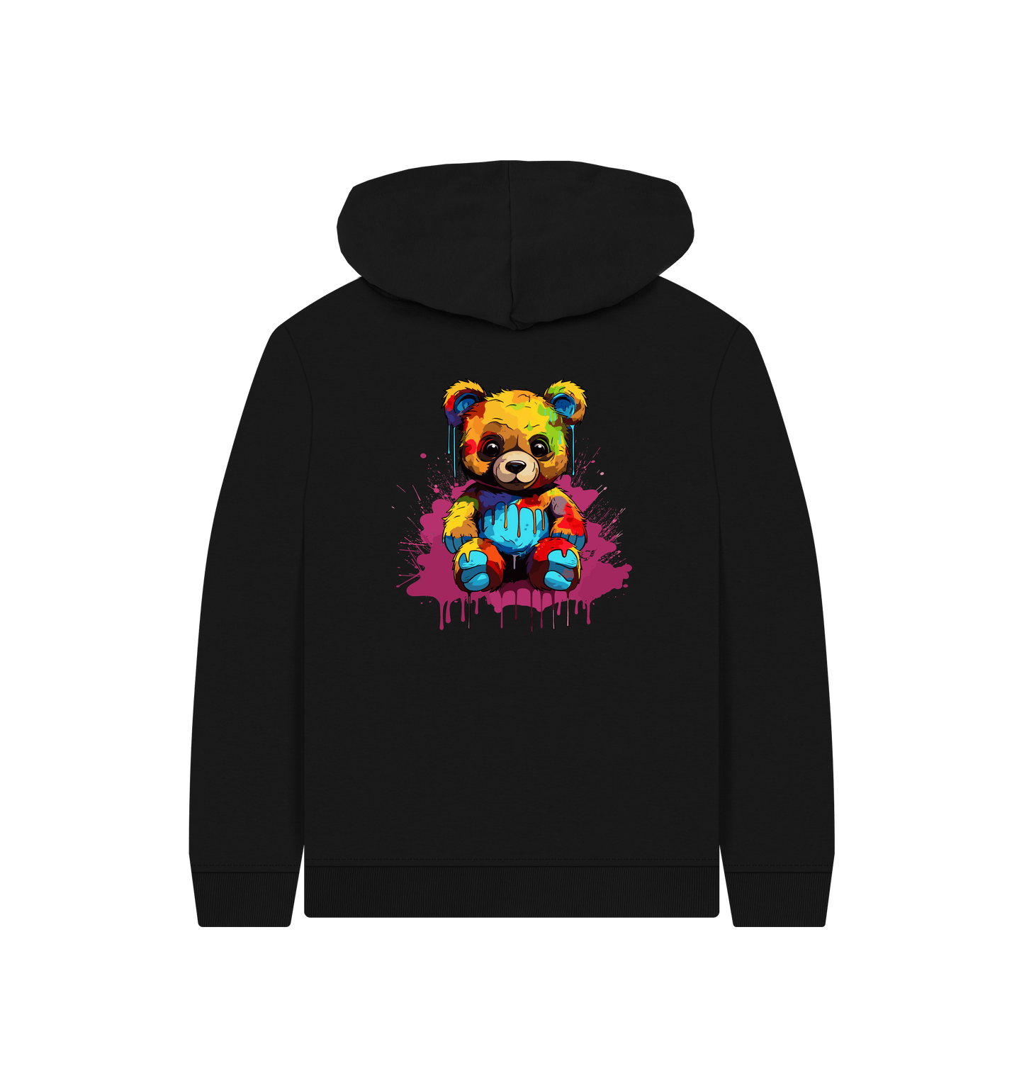 Colorful teddy bear hoodie with black background