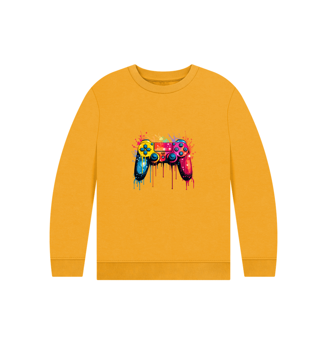 Yellow sweatshirt with colorful game controller design