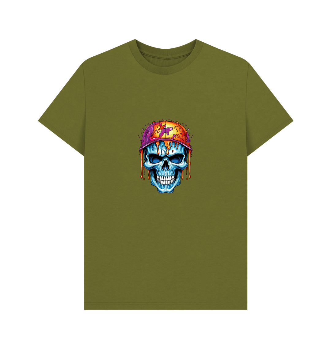 Olive green t-shirt with colorful skull graphic