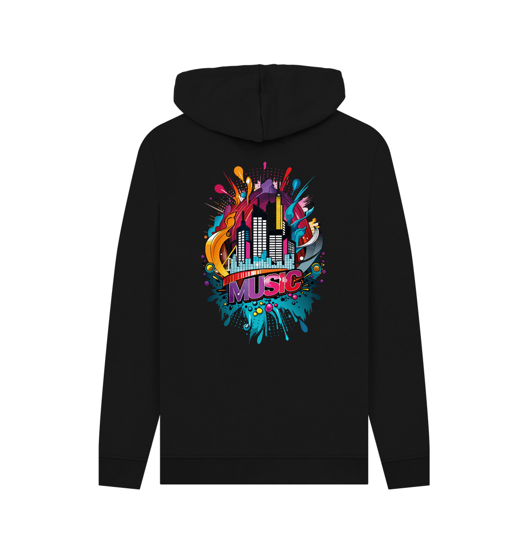 Black hoodie with colorful "MUSIC" graphic