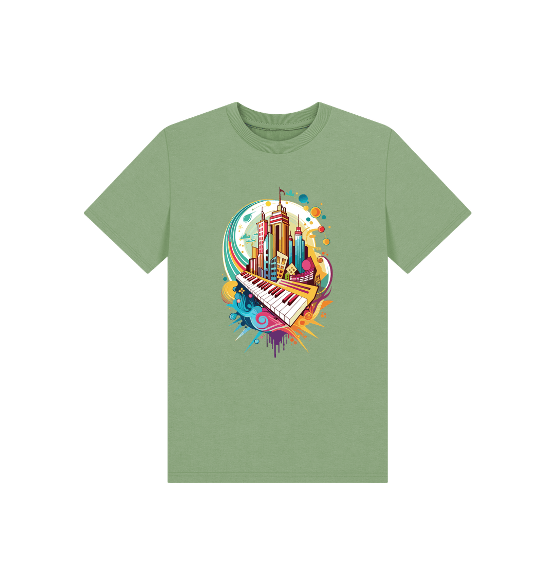Green t-shirt with colorful cityscape and piano design