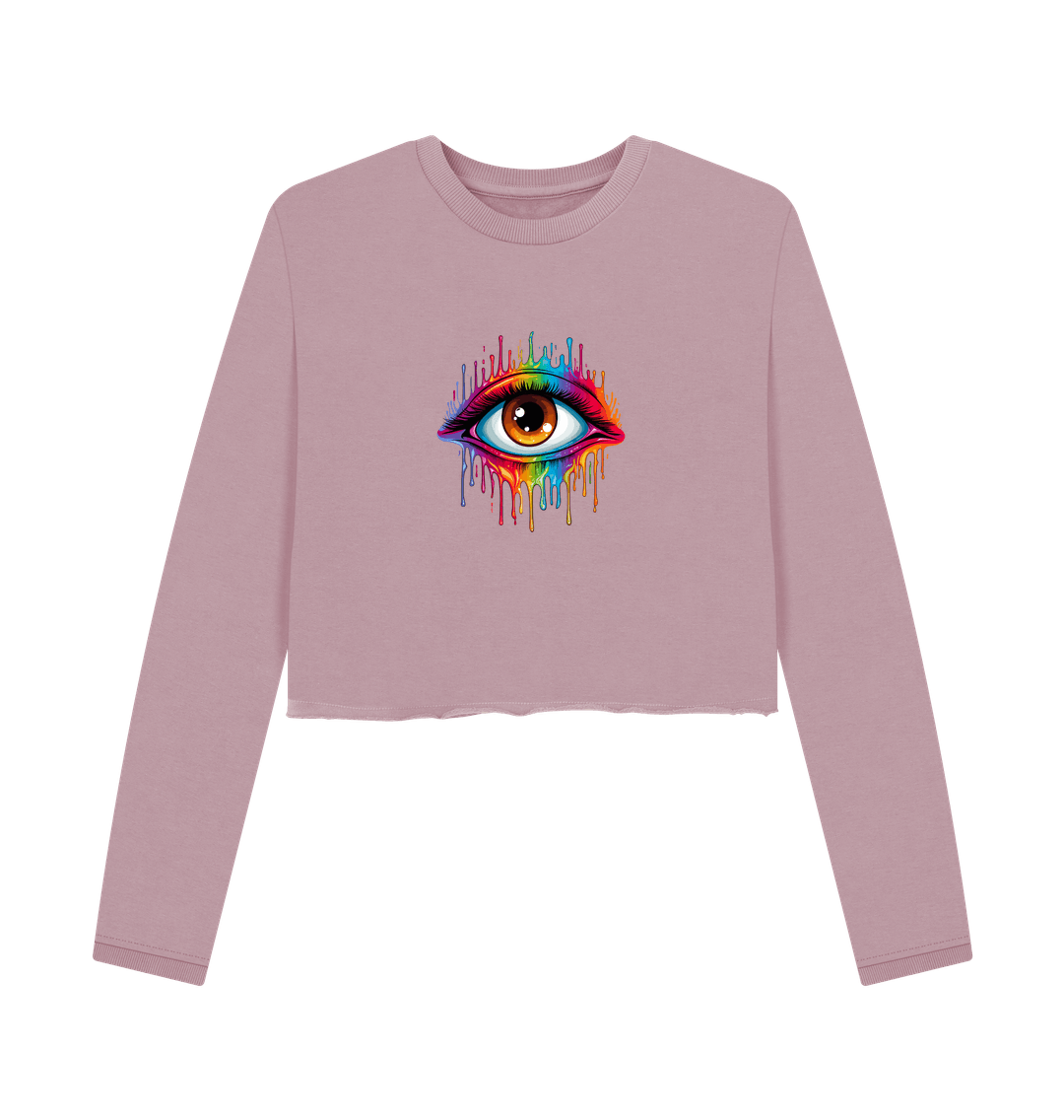 Pink long-sleeved sweatshirt with colorful eye graphic
