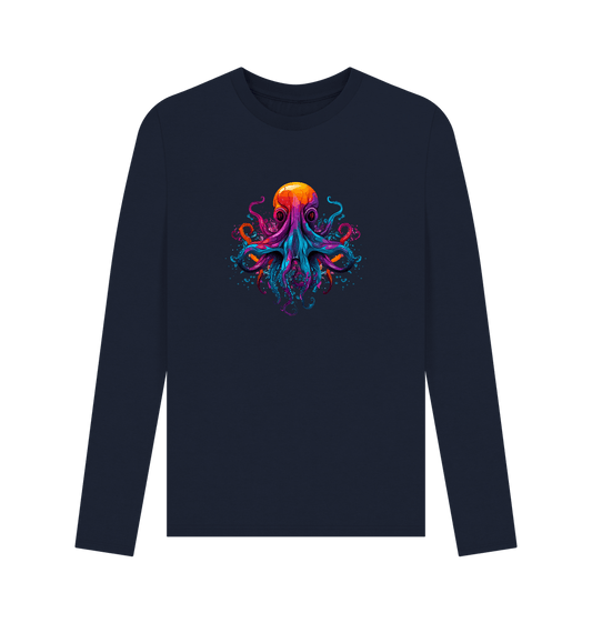 Navy blue long-sleeved t-shirt with colorful octopus design