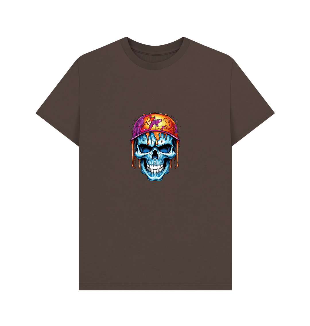 Brown t-shirt with colorful skull graphic