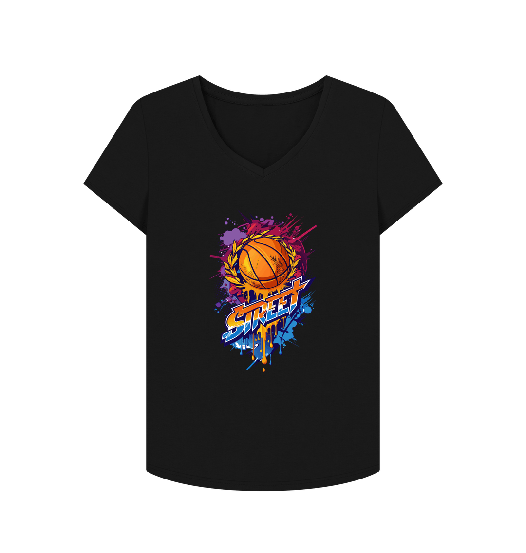Black V-neck t-shirt with basketball graphic