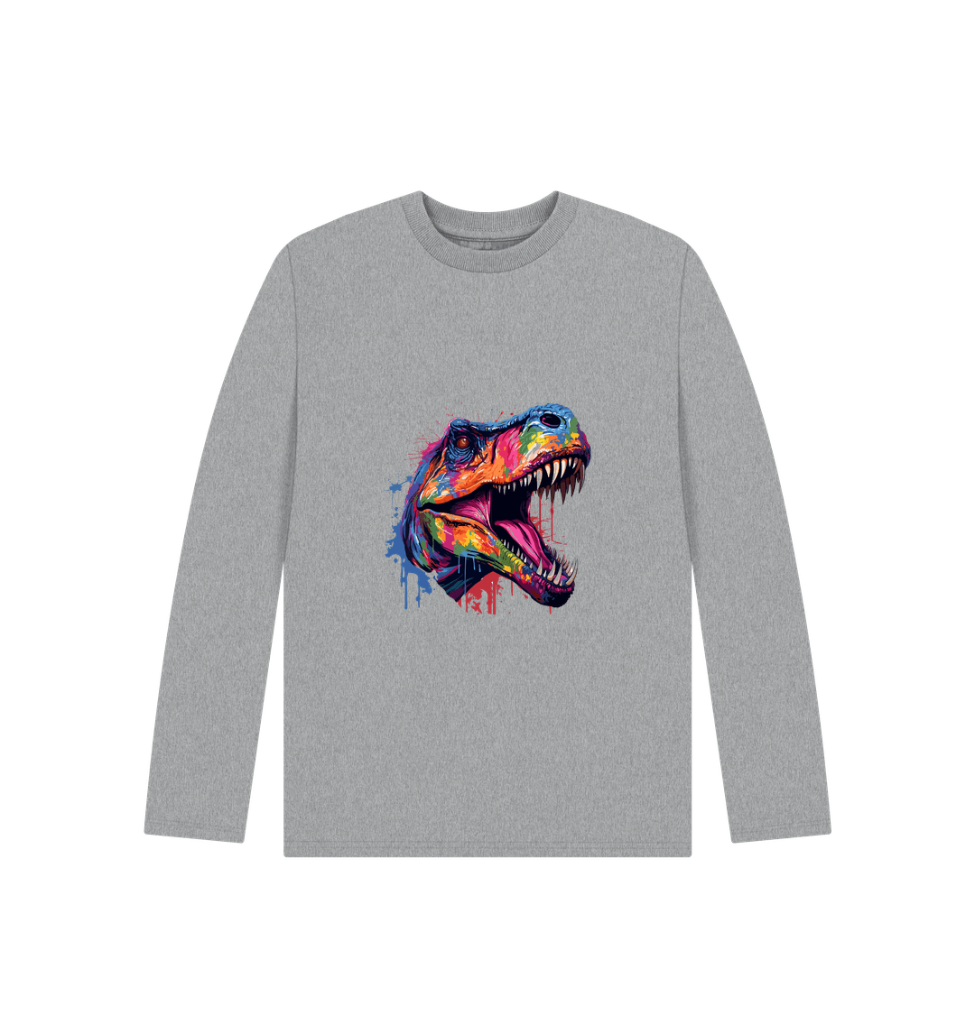 Gray long-sleeved t-shirt with colorful dinosaur graphic