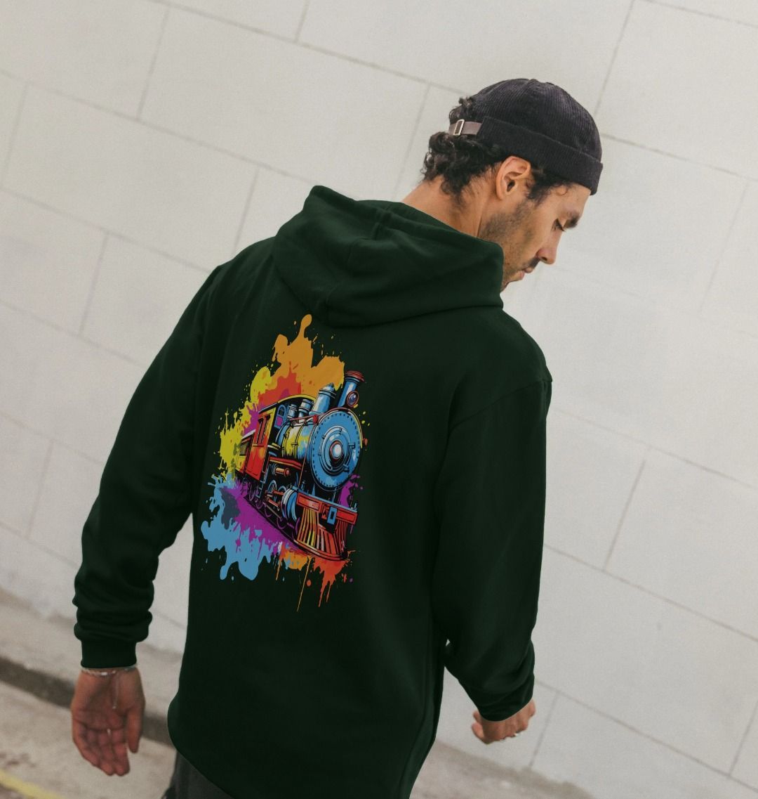 Dark green hoodie with colorful train graphic (person)