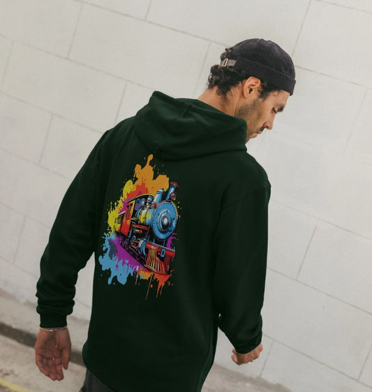 Dark green hoodie with colorful train graphic (person)