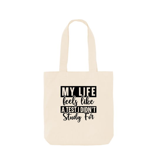 White tote bag with text design