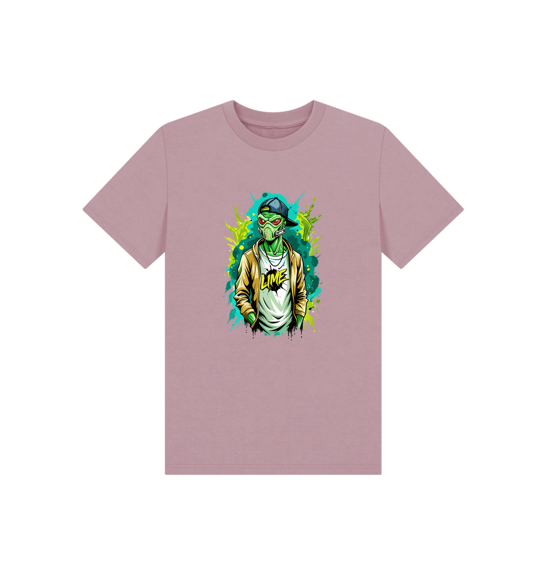 Pink t-shirt with green alien graphic