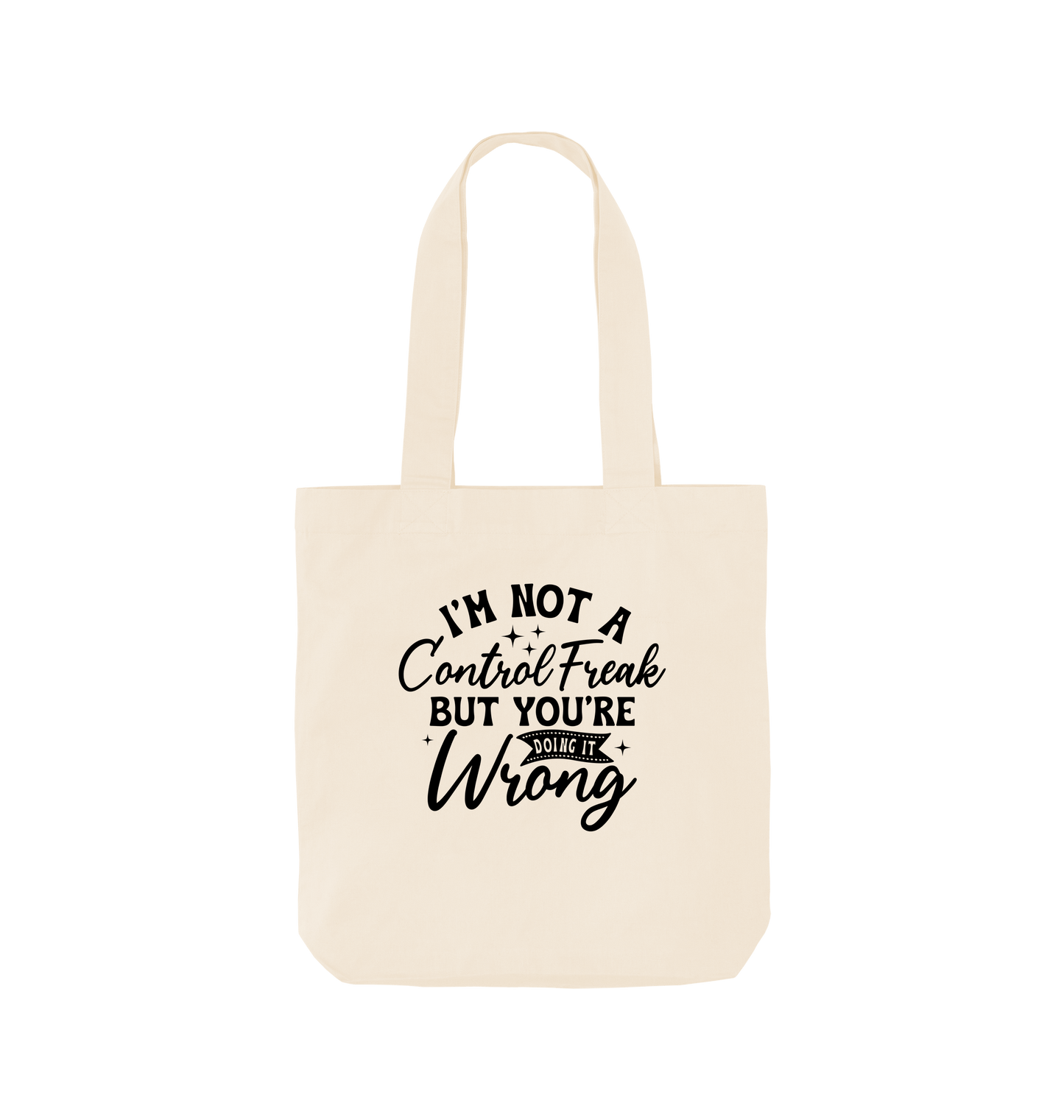 White tote bag with text design