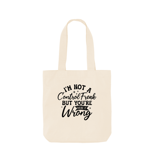 White tote bag with text design