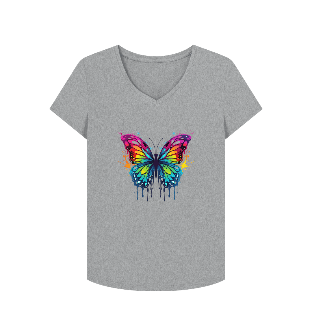 Gray V-neck t-shirt with colorful butterfly design