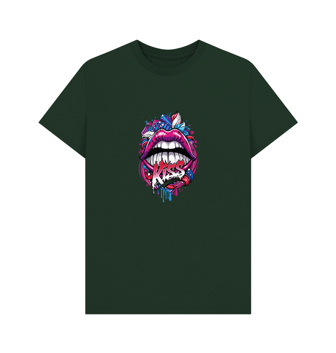 Dark green t-shirt with colorful lips graphic