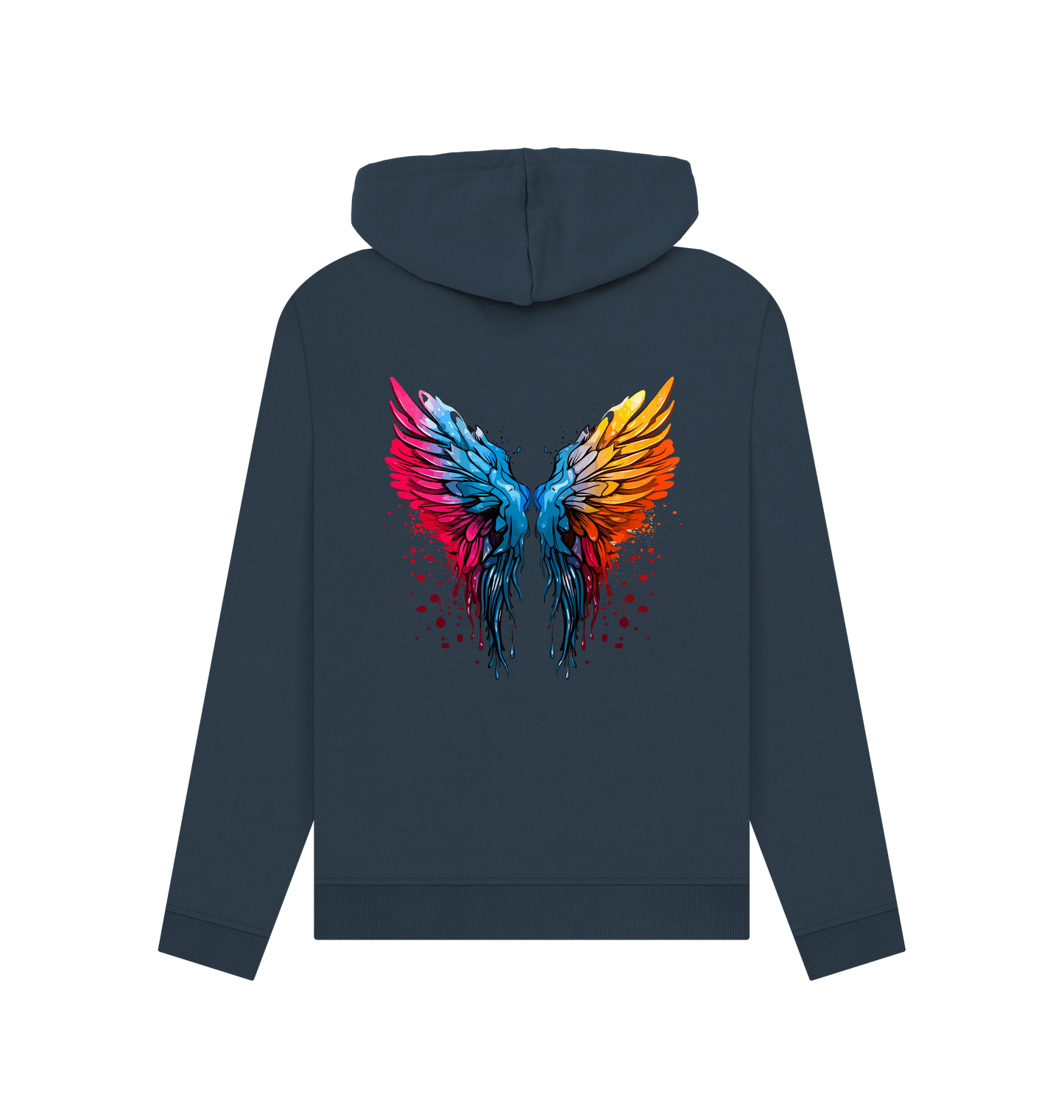 Dark blue hoodie with colorful wings design