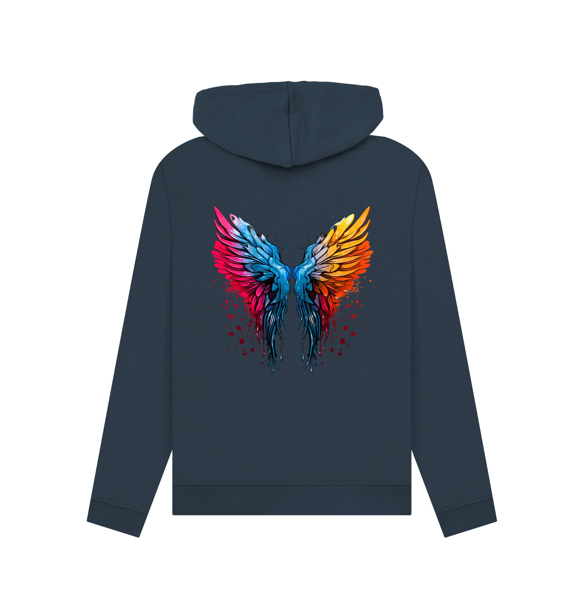 Dark blue hoodie with colorful wings design