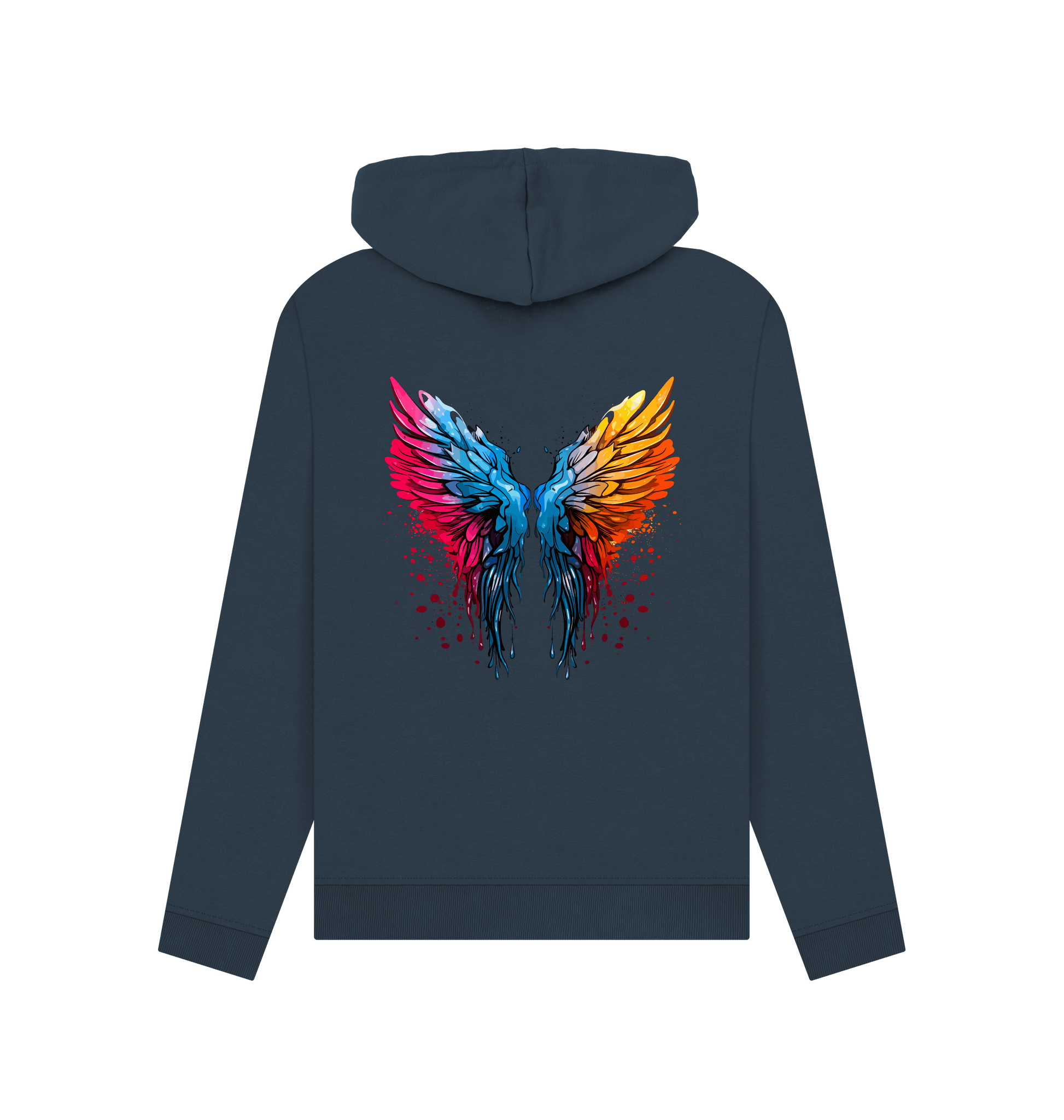 Dark blue hoodie with colorful wings design