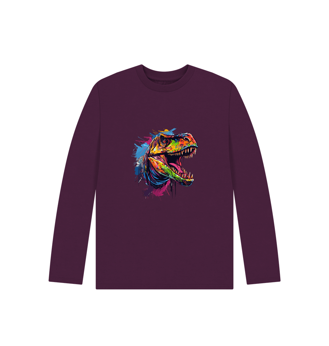 Maroon long-sleeved t-shirt with colorful dinosaur graphic