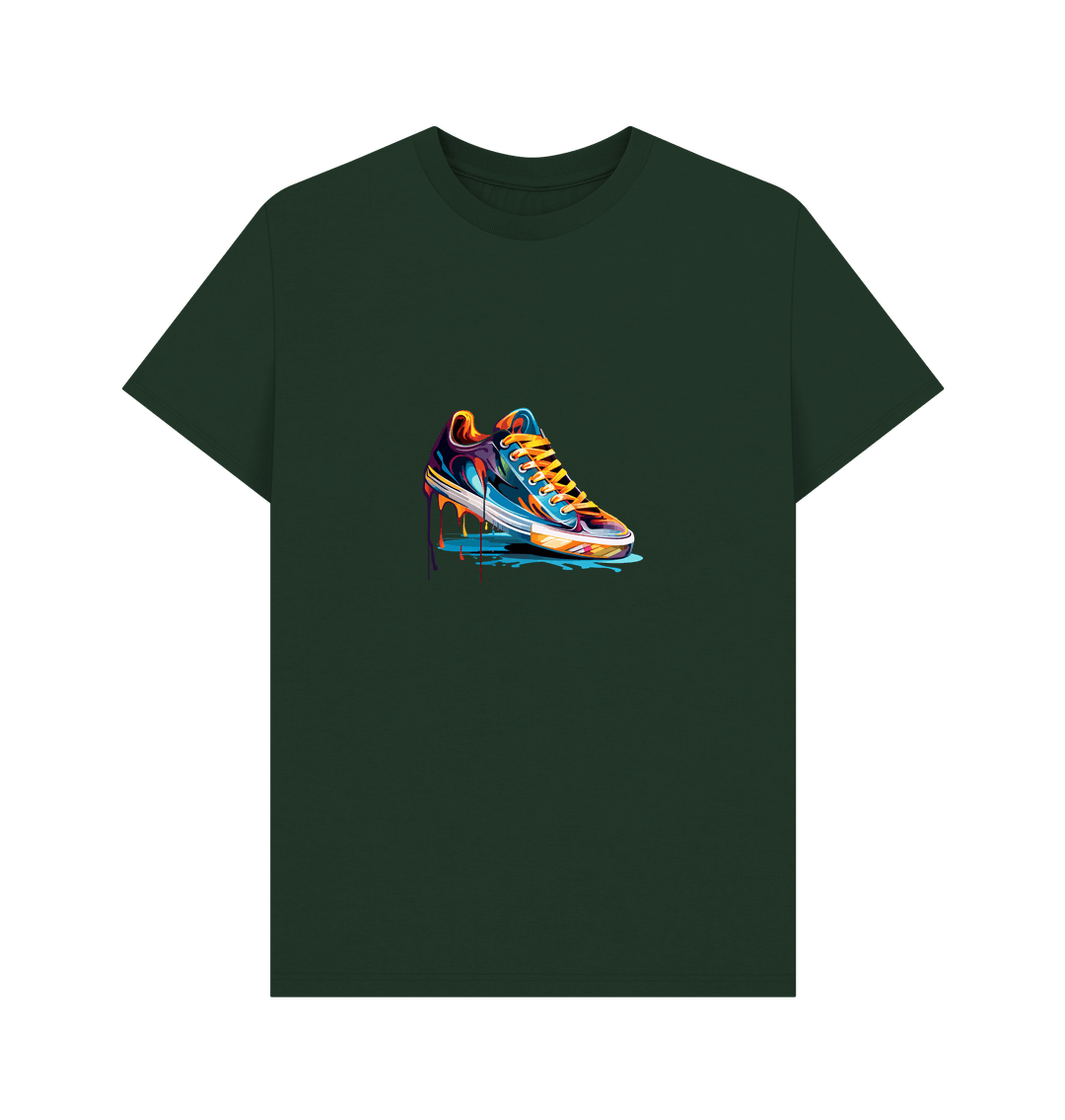 Dark green t-shirt with colorful sneaker graphic