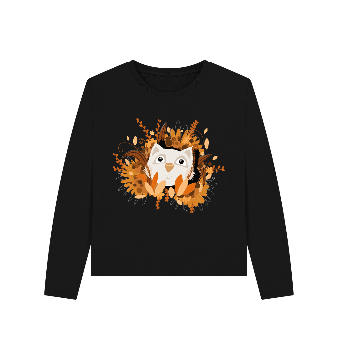 Black long-sleeved shirt with owl and autumn leaves design