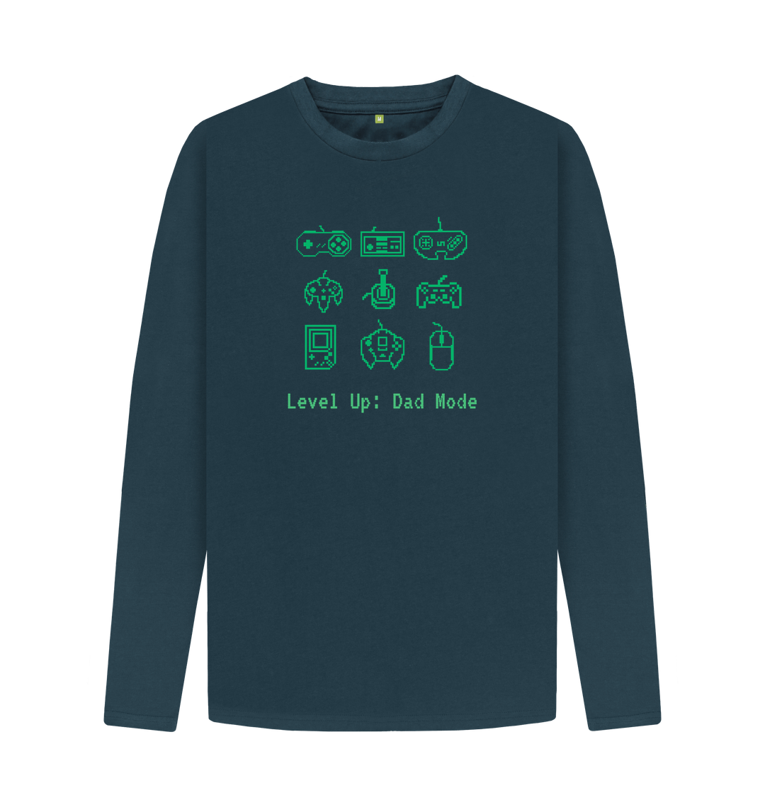 Dark blue long-sleeved t-shirt with retro gaming icons and text