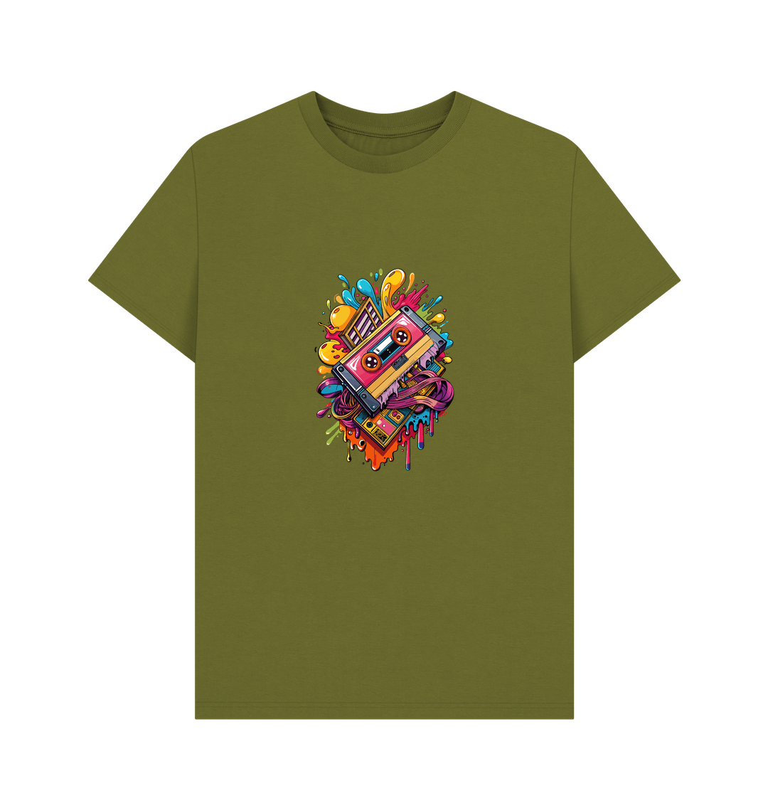 Olive green t-shirt with colorful cassette tape design