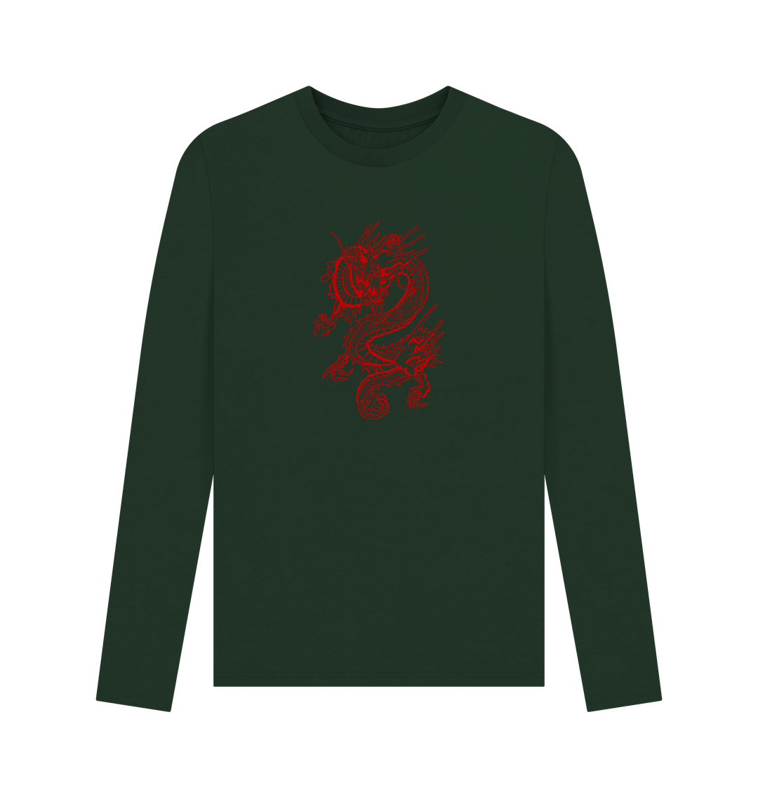 Dark green long-sleeved t-shirt with red dragon design