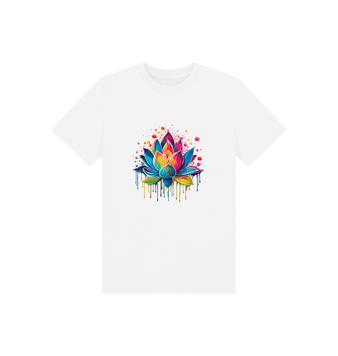 White t-shirt with colorful lotus flower design