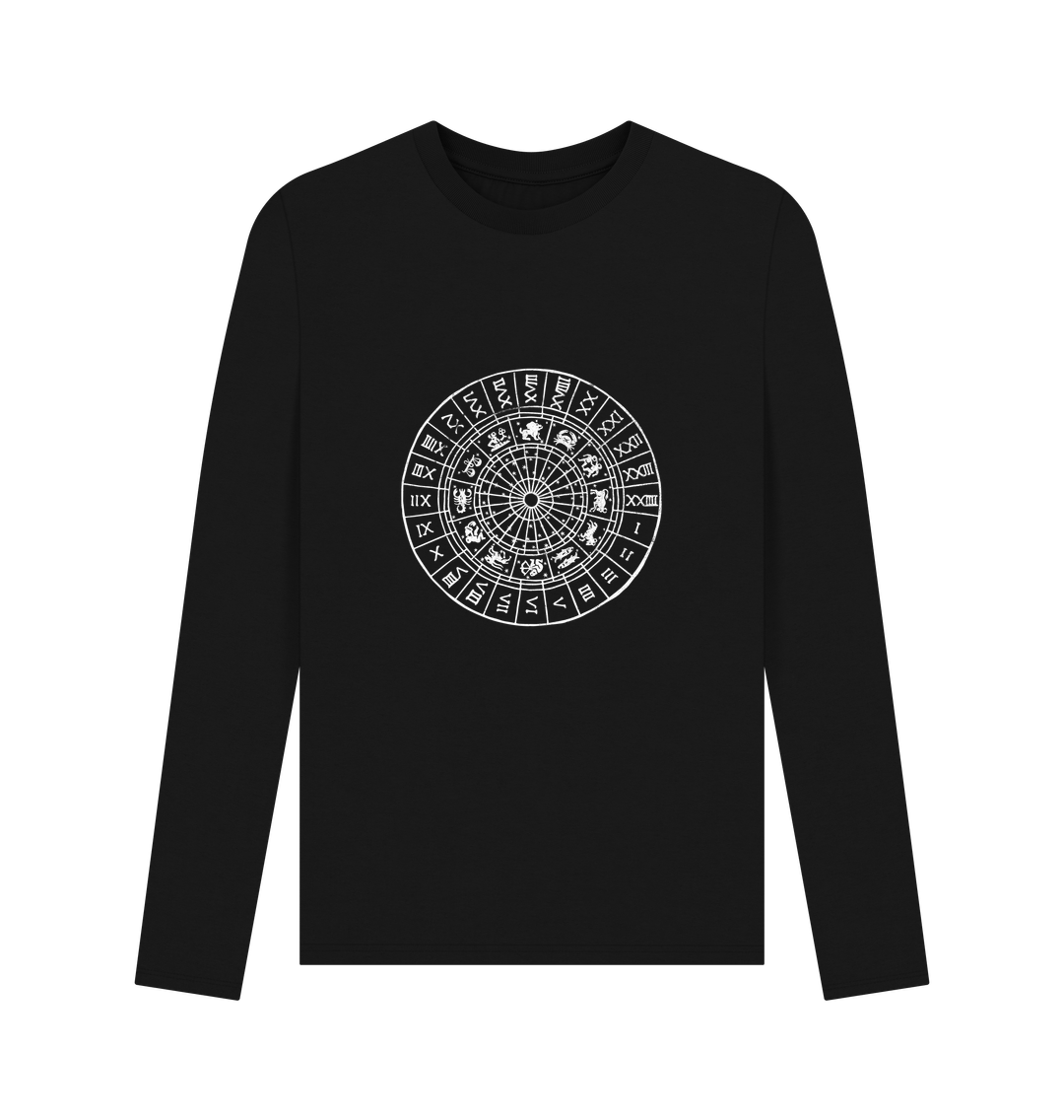 Black long-sleeved t-shirt with zodiac wheel design