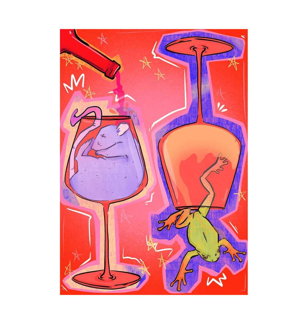 Wine glass with frog and bottle illustration