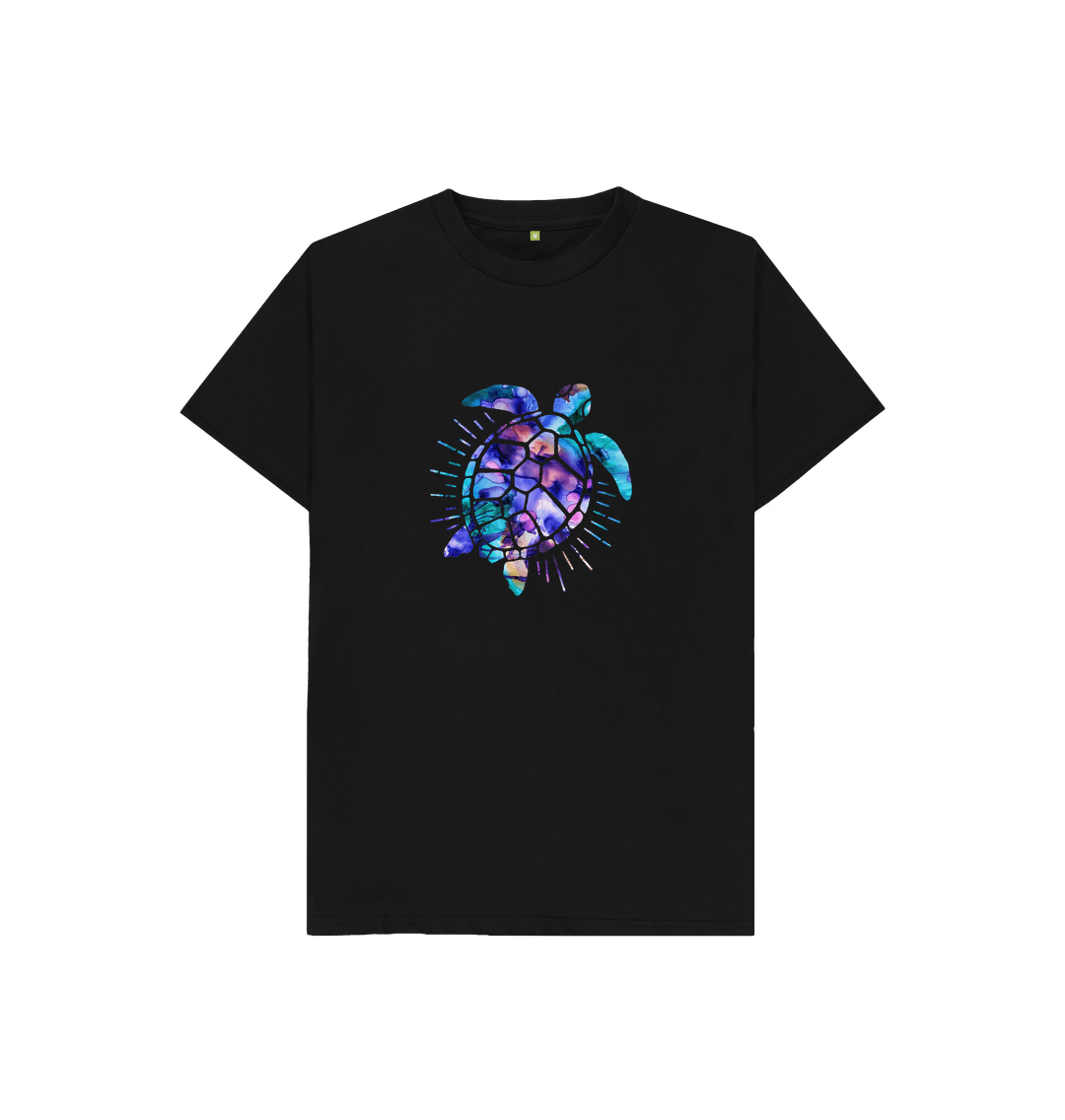 Black t-shirt with colorful turtle design