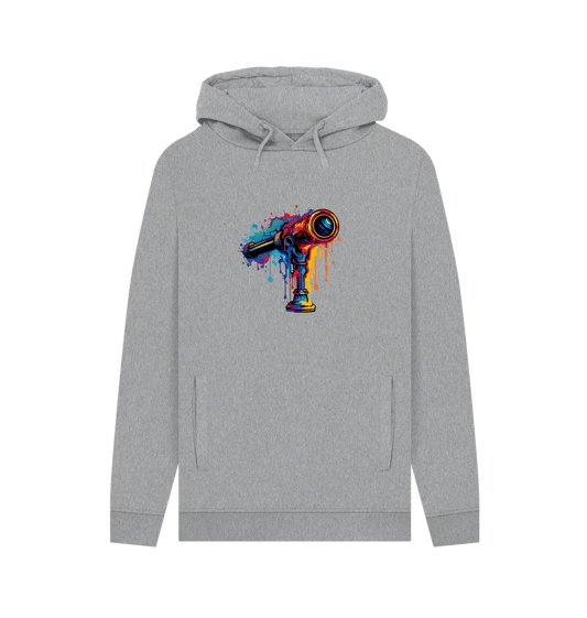 Gray hoodie with colorful telescope graphic