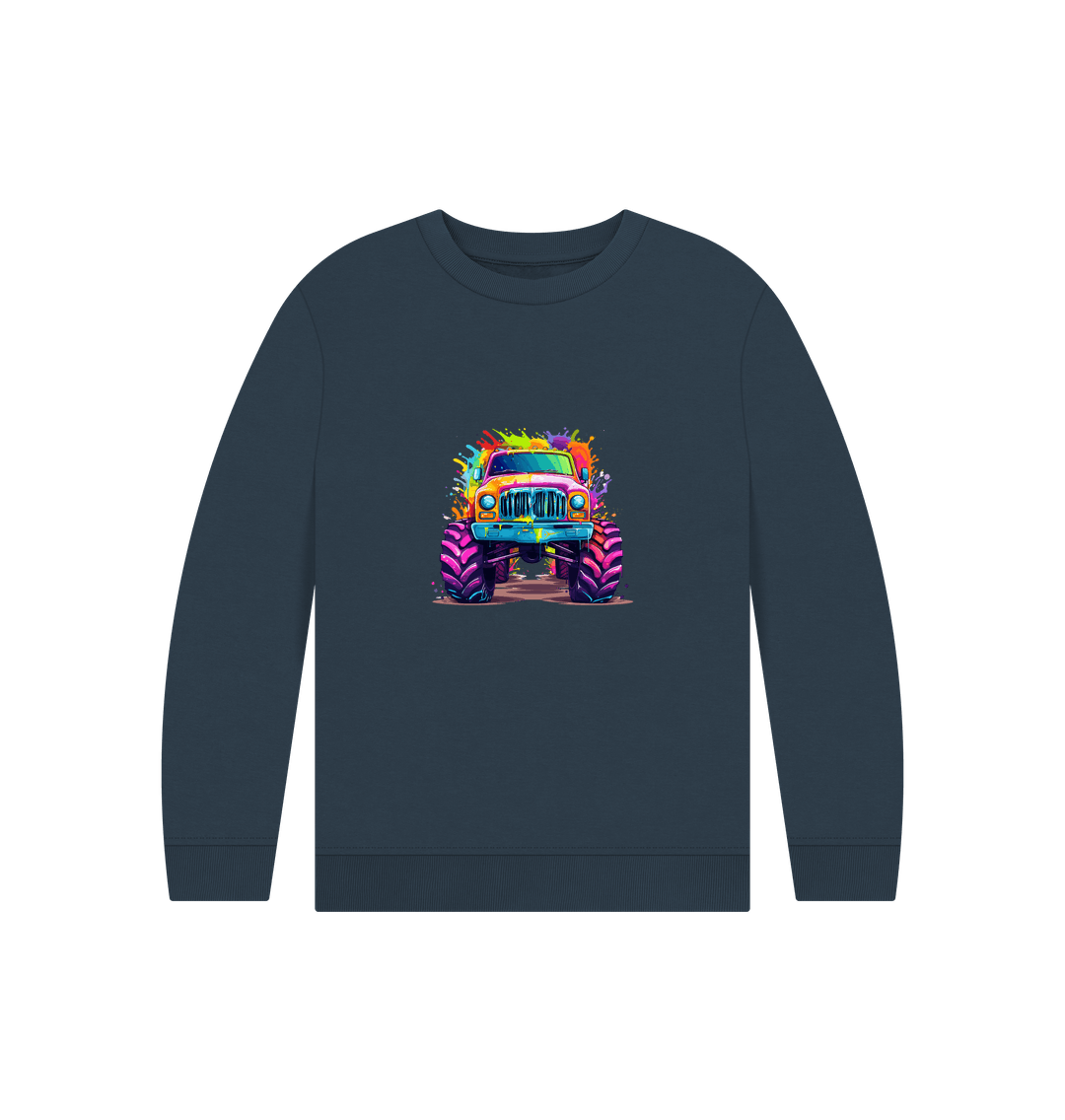 Dark gray sweatshirt with colorful monster truck graphic