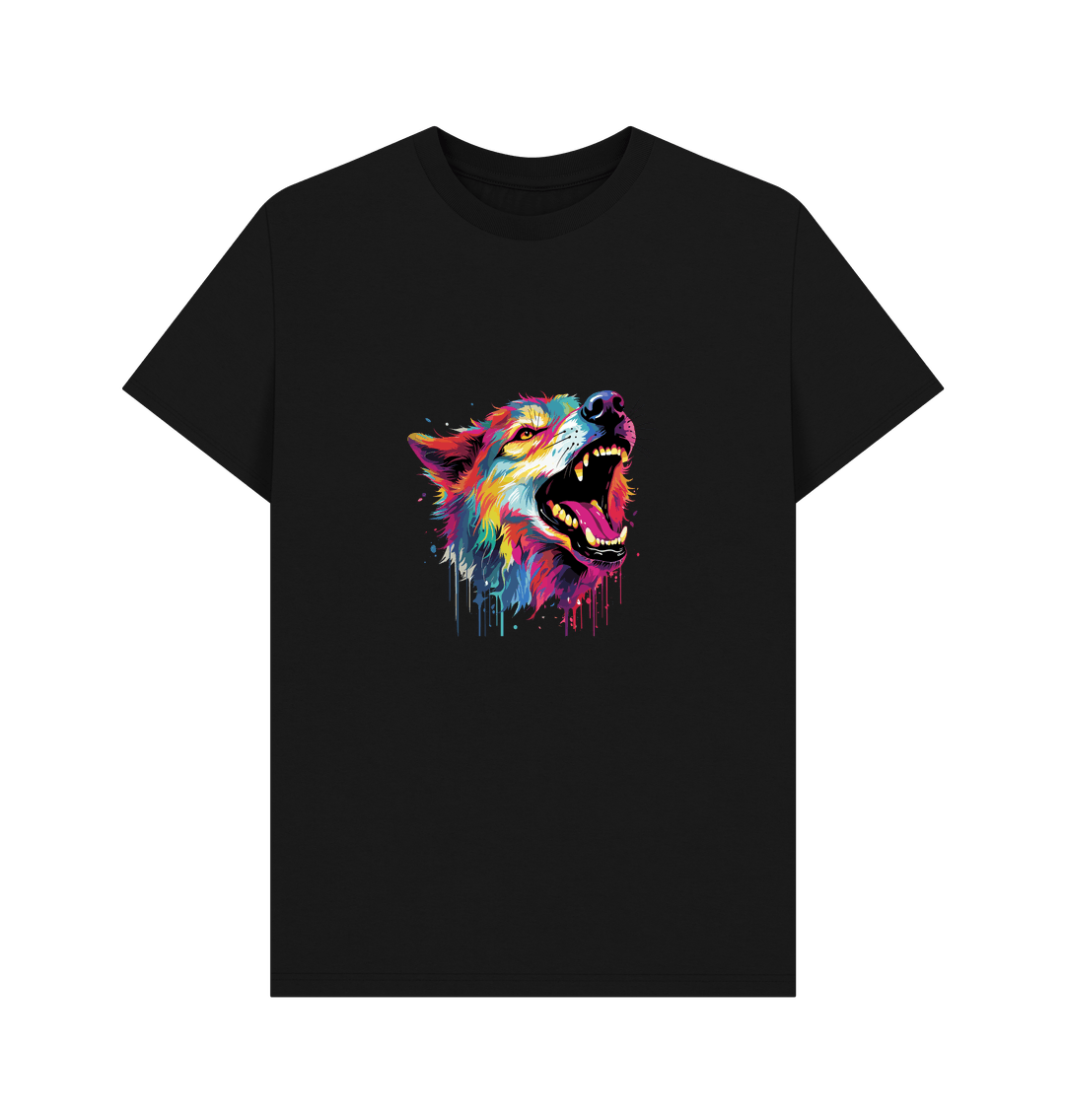 Black t-shirt with colorful wolf graphic
