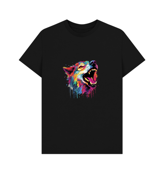 Black t-shirt with colorful wolf graphic