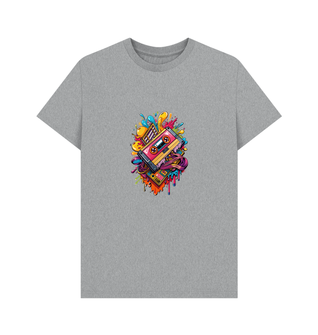 Gray t-shirt with colorful cassette tape design