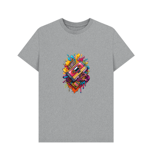 Gray t-shirt with colorful cassette tape design