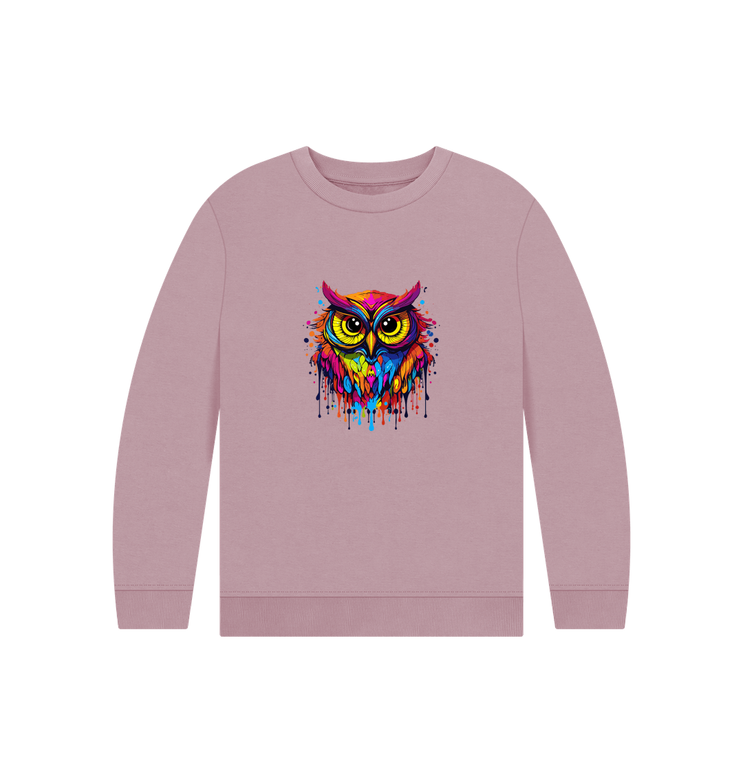 Pink sweatshirt with colorful owl design