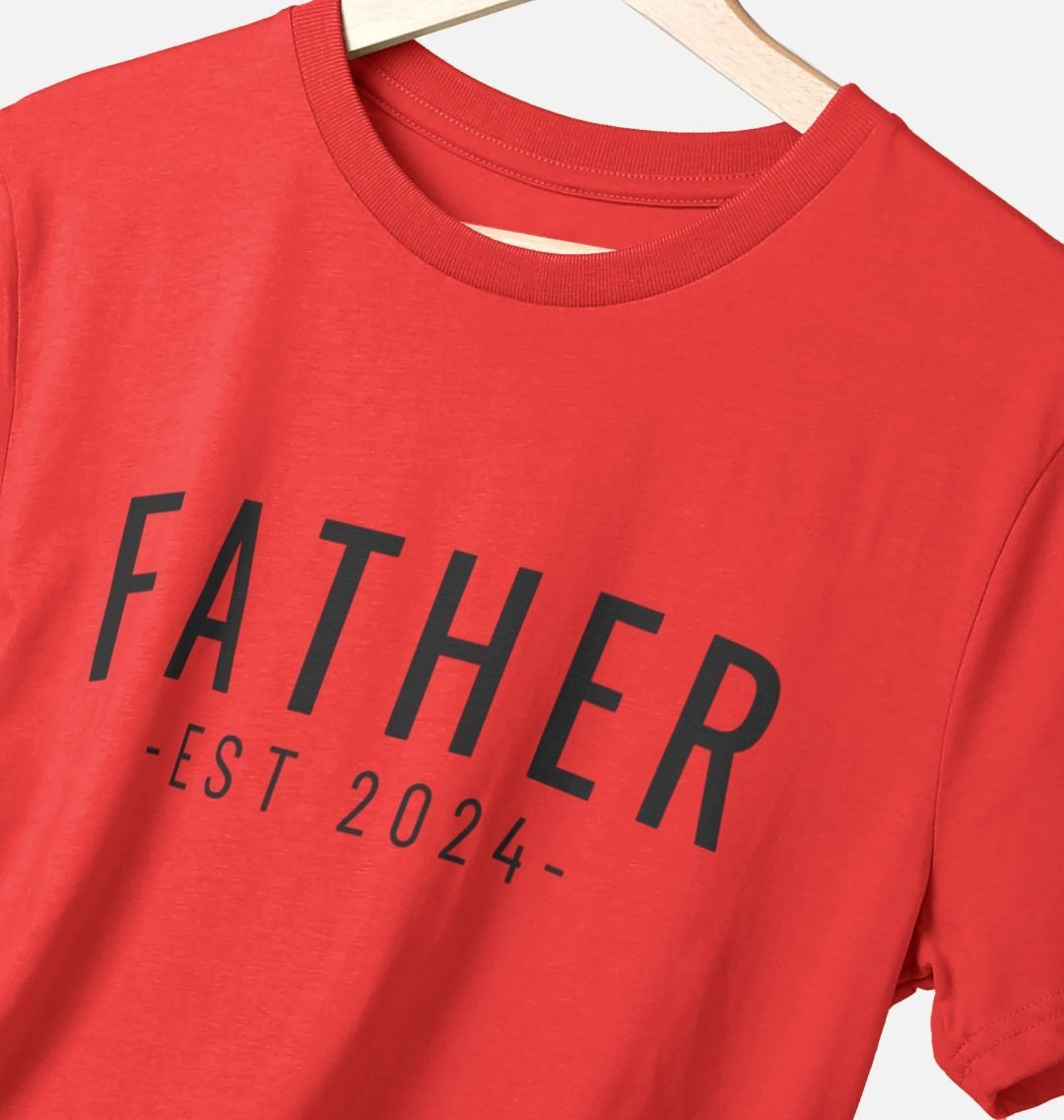 Red t-shirt with "FATHER EST 2024" text
