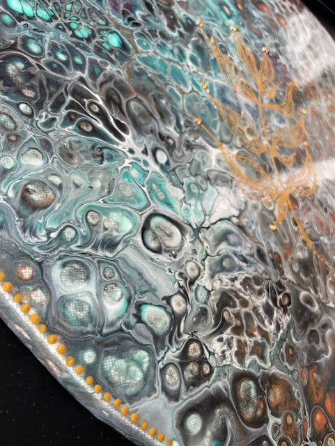 Abstract fluid art painting with metallic and translucent colors