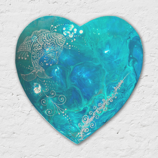 Heart-shaped wall art with blue and teal abstract design