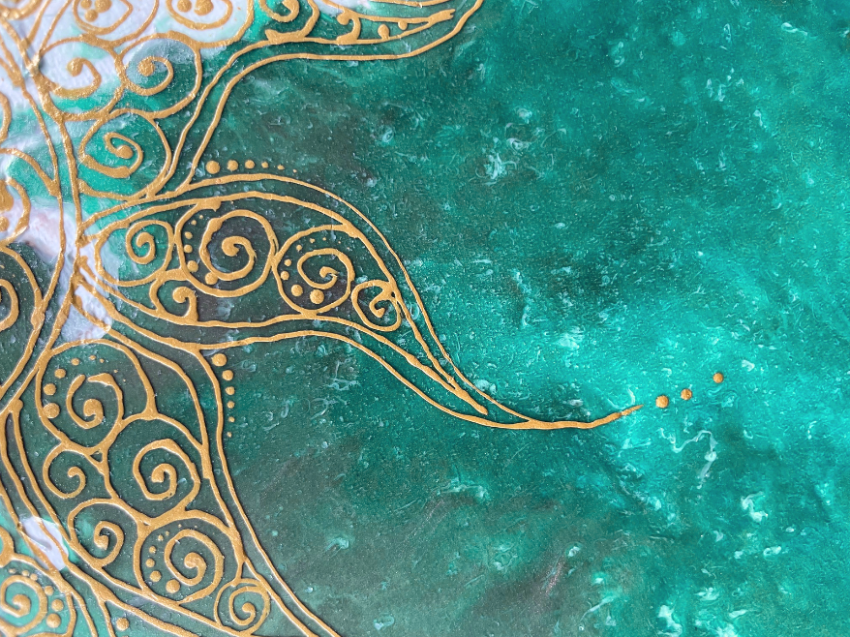 Teal and gold abstract art piece