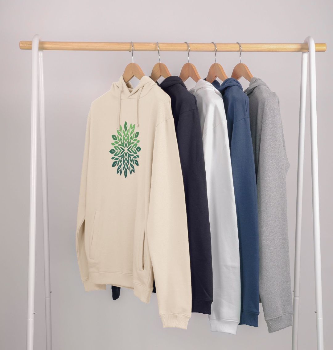 Five hoodies with green leaf design